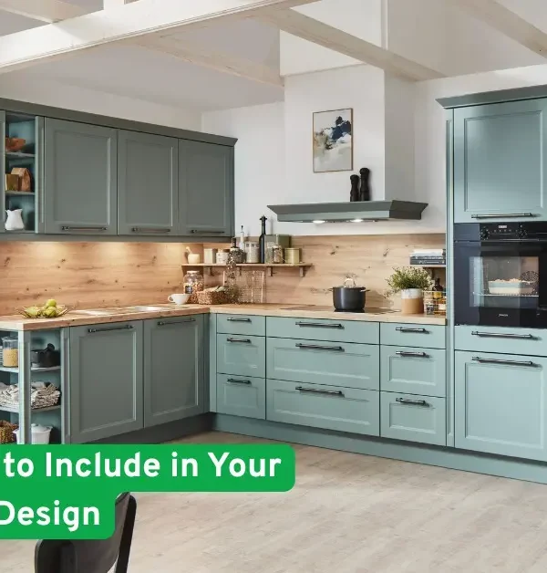 Modern kitchen with pastel green cabinets, wood backsplash, and text overlay: “Top 5 Features to Include in Your Custom Home Design