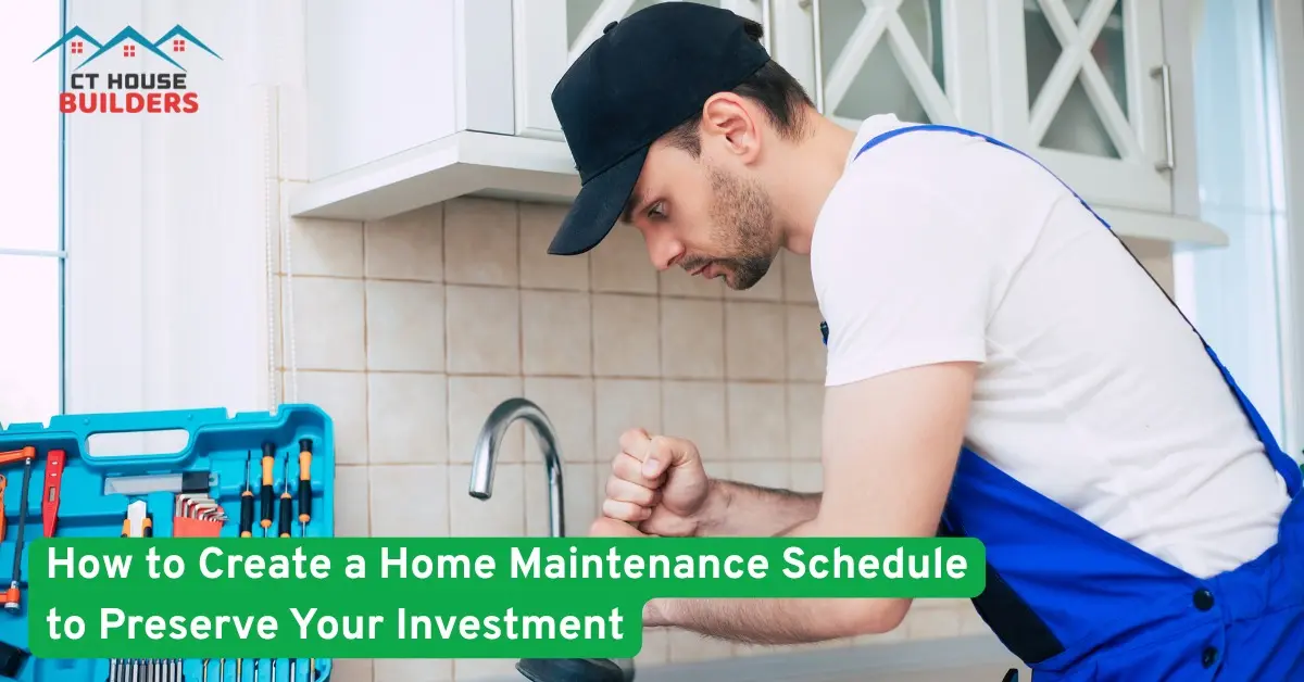 Professional handyman fixing kitchen sink with tools, CT House Builders home maintenance schedule tips to protect investment