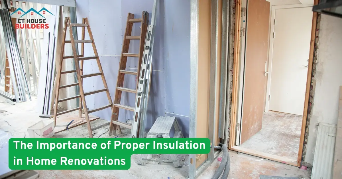 Home renovation site with ladders, drywall, and insulation materials highlighting CT House Builders’ focus on energy efficiency
