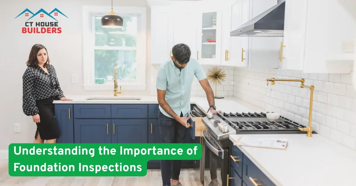 Home inspector checking kitchen foundation while homeowner observes, CT House Builders stressing importance of foundation inspections