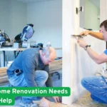 Two contractors working indoors during a home renovation, measuring walls and installing trim, showing need for professional