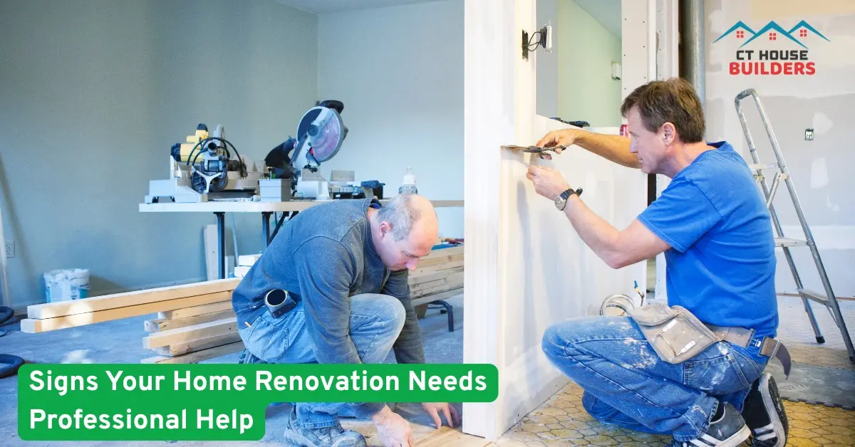 Two contractors working indoors during a home renovation, measuring walls and installing trim, showing need for professional