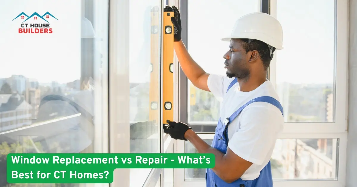 Contractor measuring window installation during window replacement vs repair project for Connecticut homes energy efficiency