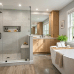 Modern bathroom with a walk-in glass shower, freestanding bathtub, and light wood vanity cabinets