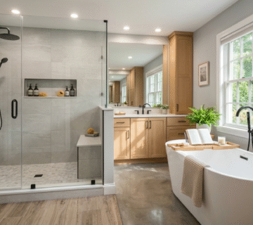 Modern bathroom with a walk-in glass shower, freestanding bathtub, and light wood vanity cabinets