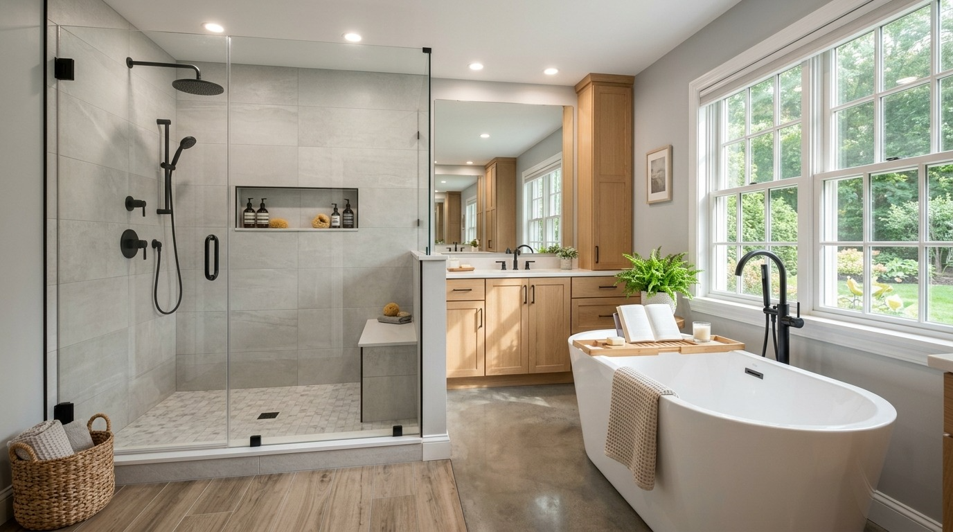 Modern bathroom with a walk-in glass shower, freestanding bathtub, and light wood vanity cabinets